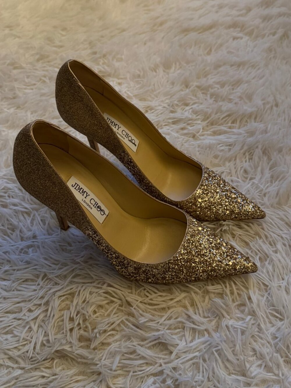 Jimmy Choo Romy Gold Glitter Pointed Pumps 39